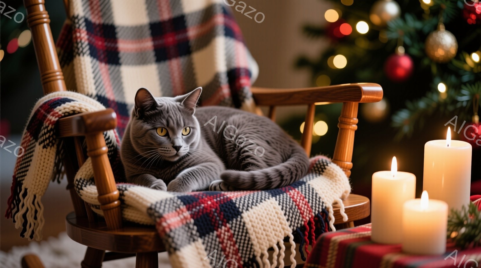 灰色の猫が、赤と白のチェック柄のブランケットがかけられたロッキングチェアにゆったりと横たわっています。背景にはクリスマスツリーがぼんやりと見え、暖炉の中の光と3本のキャンドルが温かい雰囲気を醸し出して - AI生成フリー素材
