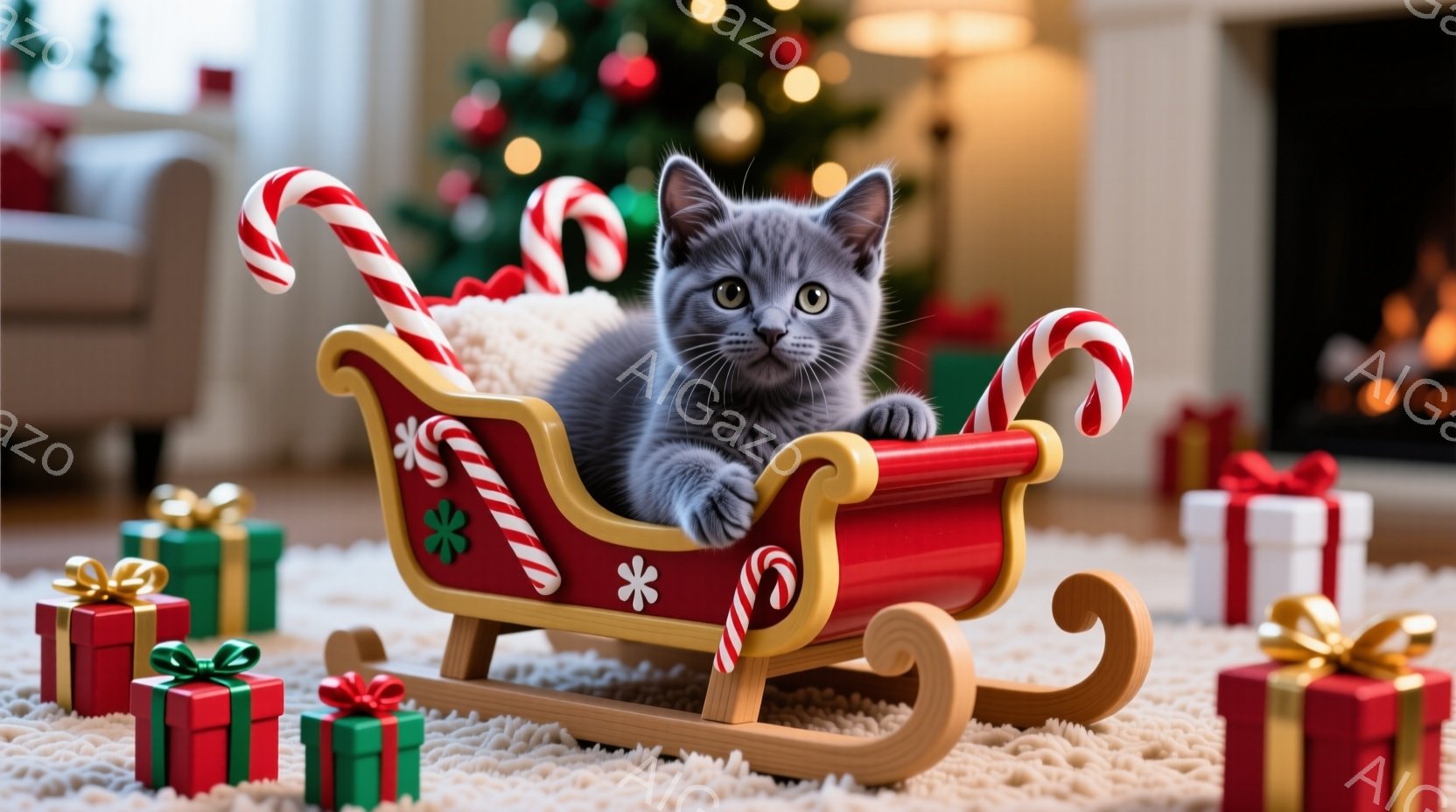 小さな灰色の猫が赤いそりに横たわっており、クリスマスのギフトがたくさん並んでいます。猫は好奇心旺盛な表情で、丸い目でこちらを見ています。背景にはクリスマスツリーが飾られており、暖かくお祝いの雰囲気です - AI生成フリー素材