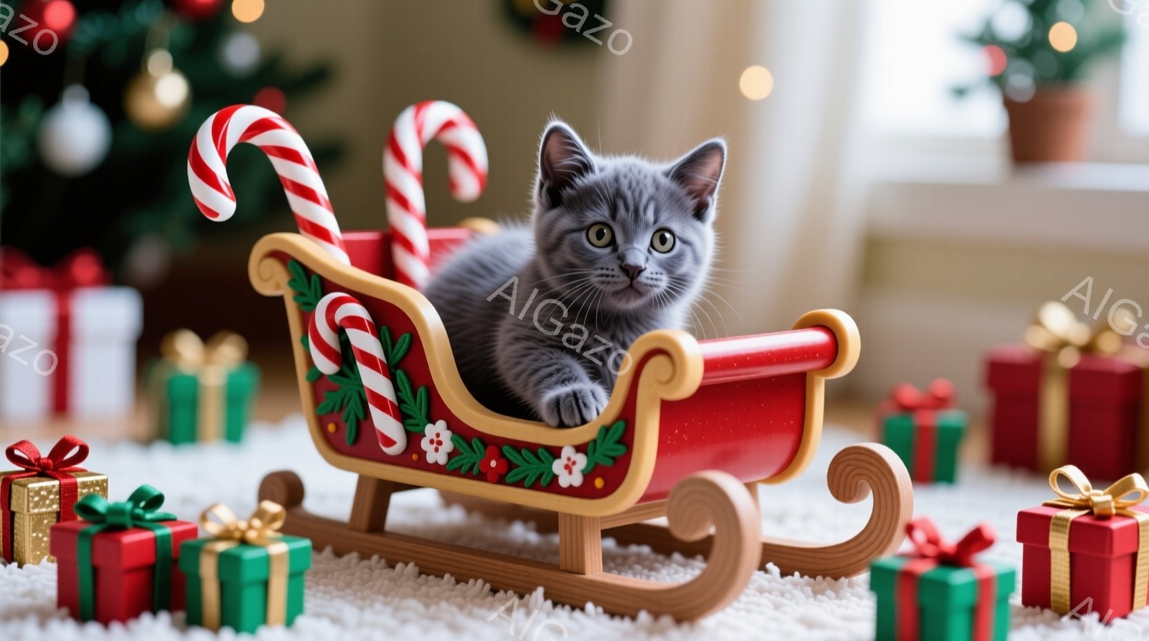 小さな灰色の猫が赤いそりに横たわって微笑んでいます。そりはキャンディケーンで飾られており、背景にはプレゼントボックスがたくさん置かれています。全体的に、暖かく、お祝いの雰囲気で、クリスマスの喜びが感じ - AI生成フリー素材