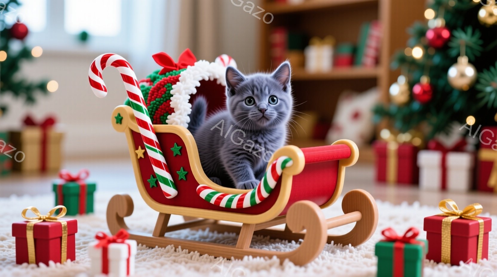 灰色の小さな子猫が赤いそりに座っており、緑と白の縞模様のストールを巻いています。子猫は正面を見て、少し好奇心とリラックスした表情をしています。背景にはクリスマスツリーと色とりどりのプレゼントボックスが - AI生成フリー素材