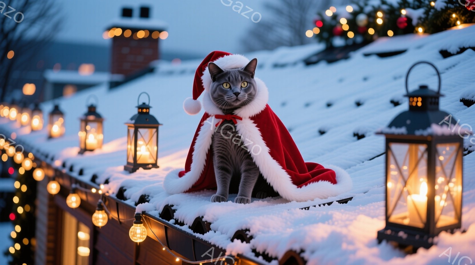 白いギフトボックスの中に、灰色の縞模様の小さな子猫が顔を出しています。子猫は好奇心とわずかな警戒心を持ってカメラを見ており、リボンで飾られた箱と周囲のキラキラ光るクリスマスオーナメントが、祝祭の雰囲気 - AI生成フリー素材