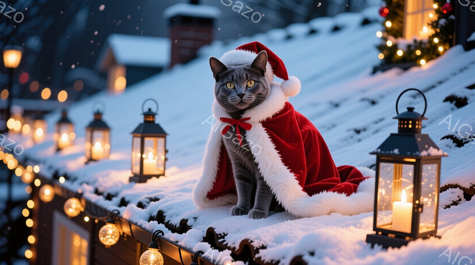 灰色の猫がサンタクロースの帽子と赤いマントを着て、雪で覆われた屋根の上で座っています。背景には、ぼんやりと見える建物と、点灯したキャンドルと電球で飾られた屋根があり、冬の暖かい雰囲気を醸し出しています。猫は正面をまっすぐ見ており、落ち着いた表情で冬の景色を眺めているようです。