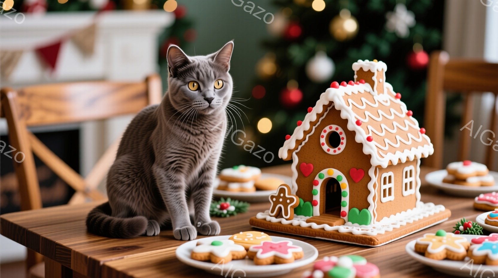 テーブルの上には、丁寧に作られたジンジャーブレッドハウスと色とりどりのクッキーが並べられています。灰色の毛並みの猫がジンジャーブレッドハウスのそばで座り、少し上目遣いでこちらを見ています。背景にはクリ - AI生成フリー素材