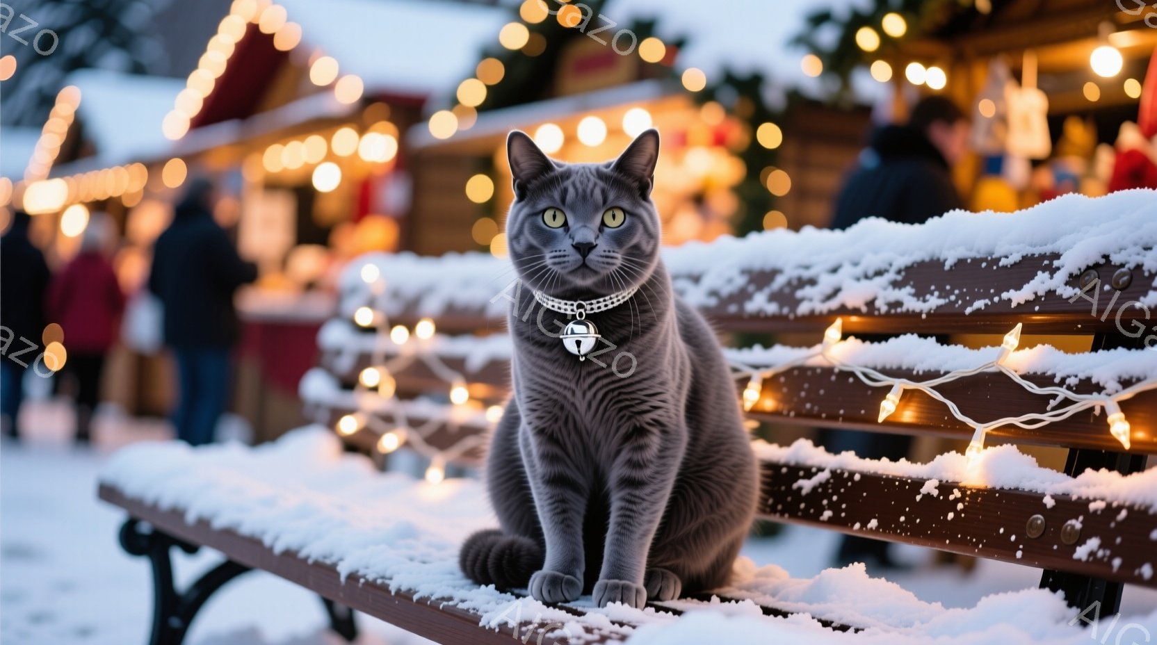 灰色の猫が雪の積もったベンチに座っており、首輪には小さなベルが付いている。背景にはぼんやりとクリスマスのイルミネーションが灯り、人々が歩いているのが見える。全体的に、冬の暖かいお祭りや市場の雰囲気が漂 - AI生成フリー素材
