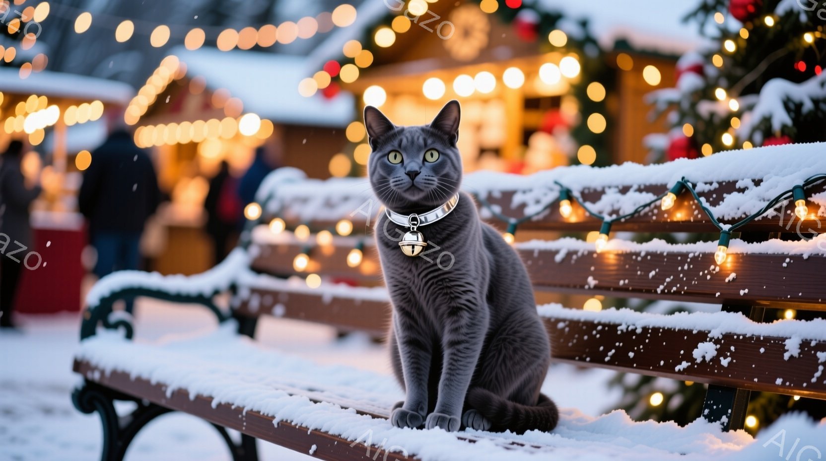 灰色の猫が雪の積もった木製のベンチに座っており、首輪には小さなベルが付いています。背景にはぼやけたクリスマスマーケットのような賑わいがあり、建物は光で彩られ、クリスマスツリーも確認できます。雪が舞う冬 - AI生成フリー素材