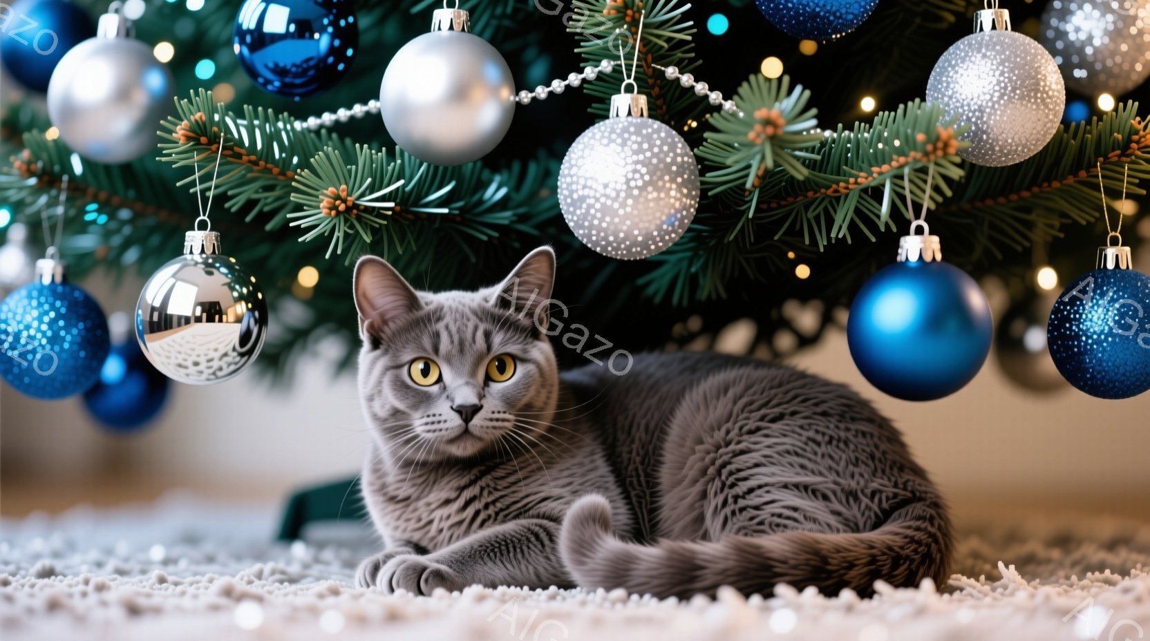 灰色の猫が白いカーペットの上に丸まって座っており、鮮やかな青と銀のクリスマスオーナメントで飾られたクリスマスツリーの前にいます。猫は正面を見ており、落ち着いた表情で、光沢のある毛並みがよくわかります。背景は暗く、オーナメントと猫のコントラストが際立っており、穏やかで暖かいクリスマスの雰囲気が漂います。