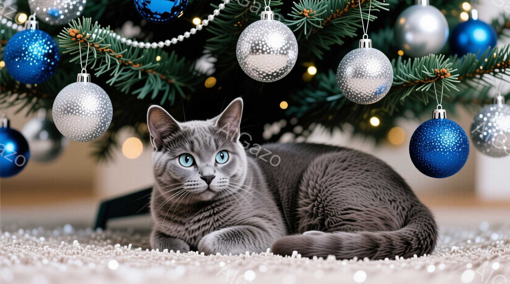 灰色の毛並みをした猫が、カーペットの上に横たわっています。背景にはクリスマスツリーが飾られており、青と銀色のオーナメントが輝いています。猫はまっすぐ前を見て、穏やかでリラックスした表情をしています。