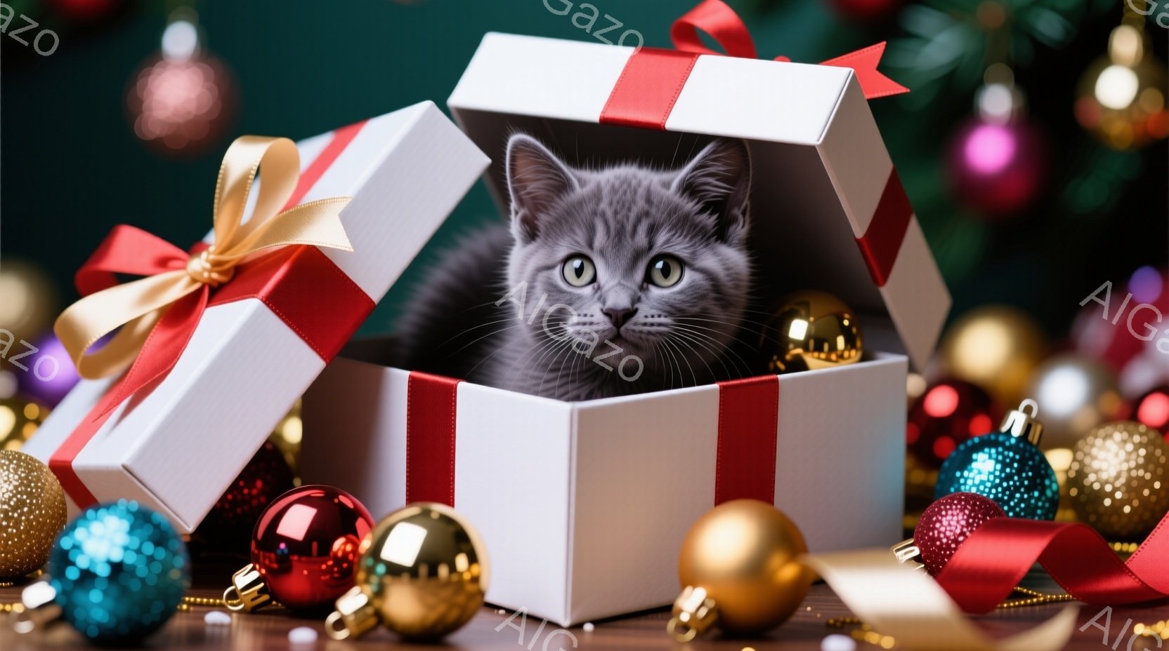 小さな灰色の猫が、赤いリボンで飾られた白いギフトボックスの中に座っています。背景には、様々な色のクリスマスオーナメントが散りばめられており、クリスマスの華やかな雰囲気を醸し出しています。猫は少し戸惑っ - AI生成フリー素材