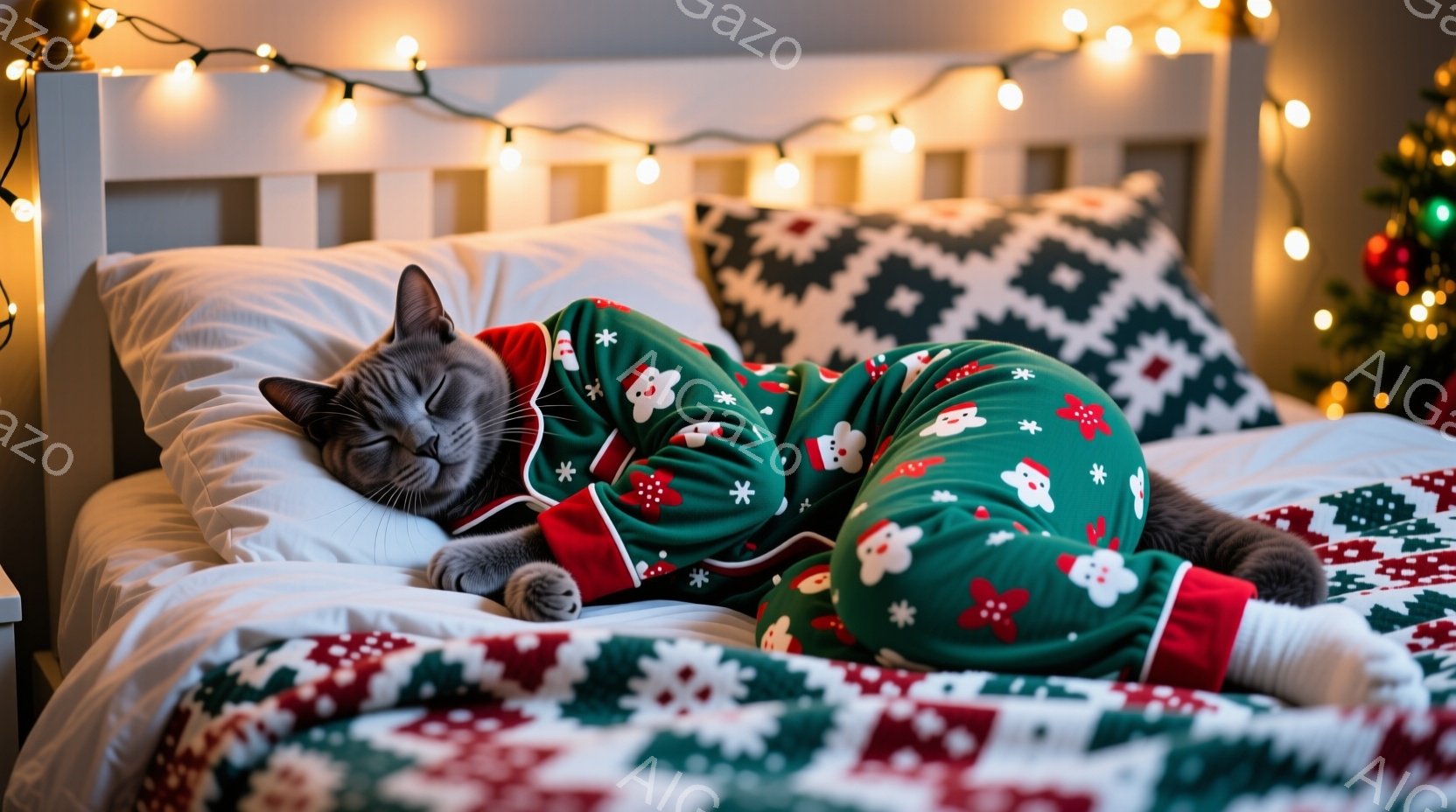 灰色の猫が、緑色のクリスマス柄のパジャマを着てベッドに横たわっています。リラックスした様子で、片足を曲げ、目を閉じて眠っているようです。背景には赤いクリスマス柄のベッドリネンと、ぼんやりと見えるクリス - AI生成フリー素材