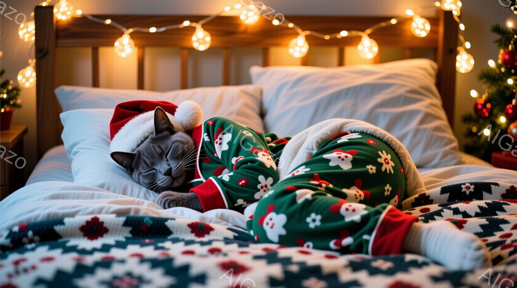 グレーの猫がクリスマス柄のパジャマを着てベッドの上で丸まって眠っています。ベッドは赤い模様のブランケットと白い枕で覆われ、背景にはクリスマスツリーと電飾が見えます。暖かく、居心地の良い、クリスマスの雰 - AI生成フリー素材