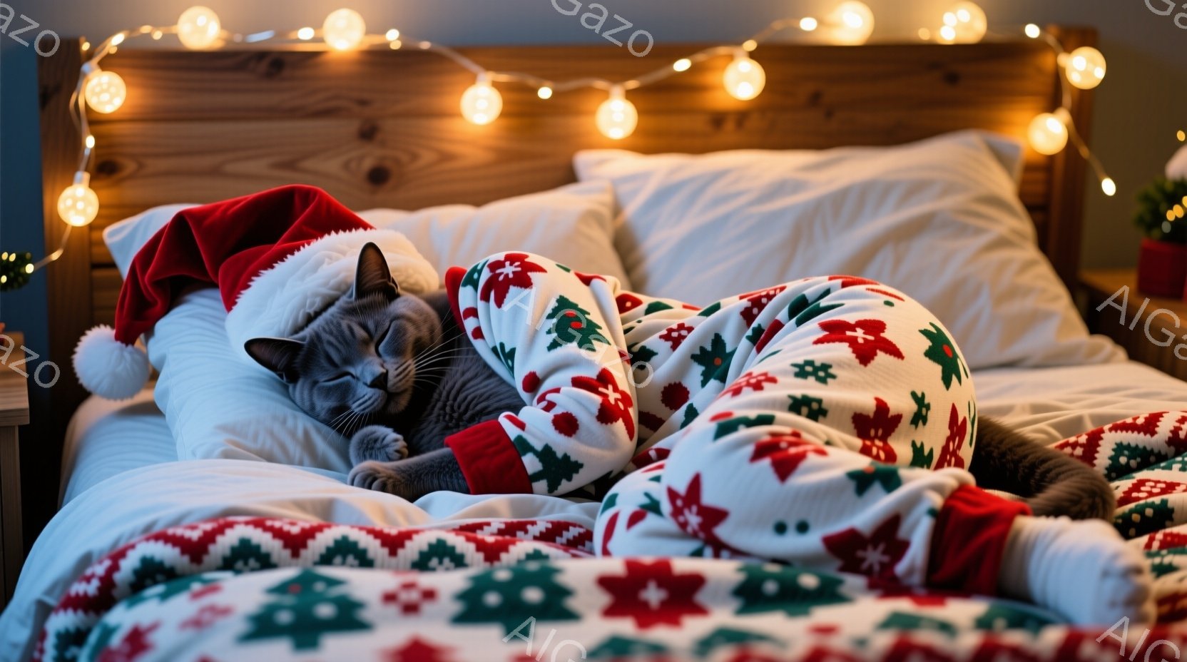 灰色がかった毛並みの猫が、クリスマスの柄のパジャマとサンタ帽を身につけてベッドの上で丸まって眠っている。背景には、白いクリスマスツリー型のオーナメントや、電球で飾られたヘッドボードが見える。温かく、心 - AI生成フリー素材