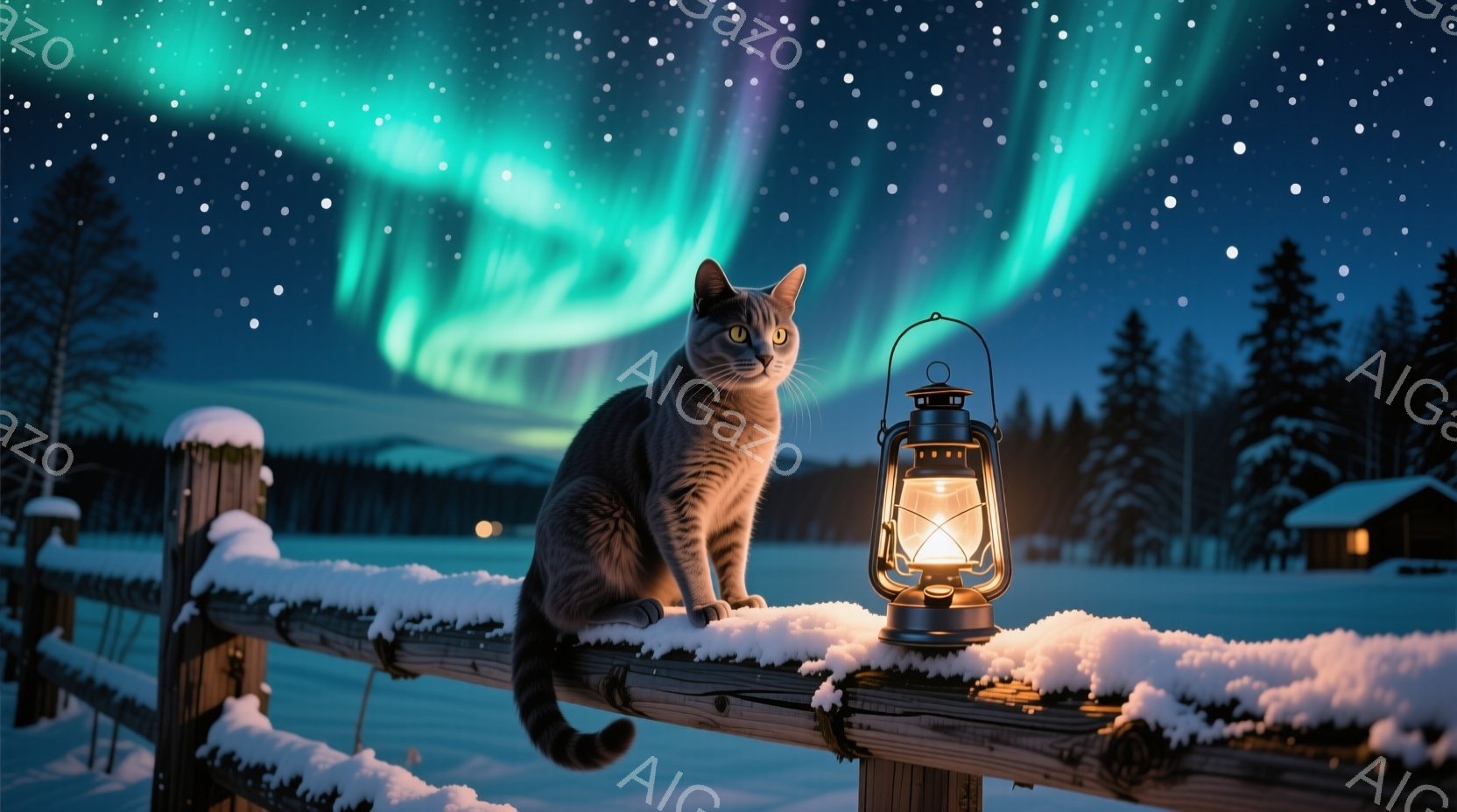 雪に覆われた木の柵の上に、灰色の縞模様の猫が優雅に座っている。背景には、木々の生い茂る冬景色と、夜空を彩る緑と紫のオーロラが広がり、小さな灯りが猫の傍らで暖かく光っている。静かで穏やかな雰囲気の中に、自然の美しさと動物の安らぎが共存している。