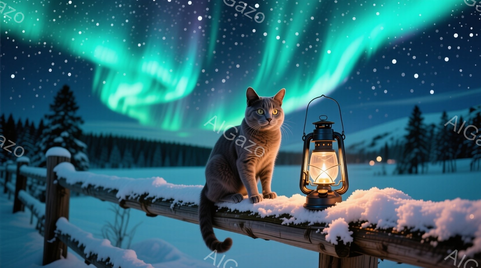 灰色の毛並みの猫が雪に覆われた木の柵の上で座っており、背後には明るいランタンが置かれている。背景には深い青色の夜空にオーロラが広がり、遠くには暗いシルエットの木々が連なっている。全体的に、静かで神秘的 - AI生成フリー素材