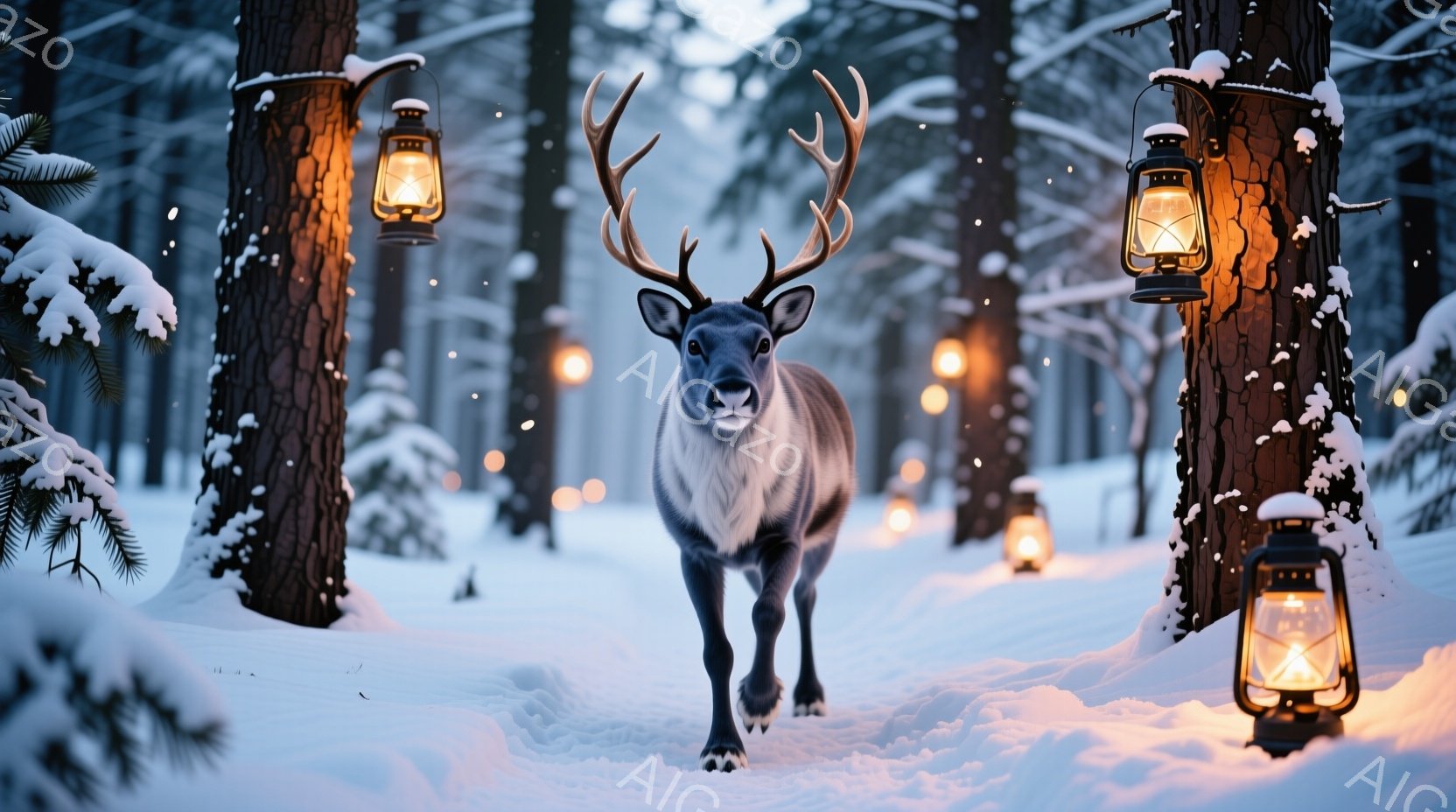 吹雪の森の中を、大きな角を持つトナカイが正面を向いて歩いている。周りの木々は雪に覆われ、点在するランタンが温かい光を放ち、幻想的な雰囲気を醸し出している。雪が舞い、静寂と神秘的な雰囲気が漂う冬の風景だ - AI生成フリー素材