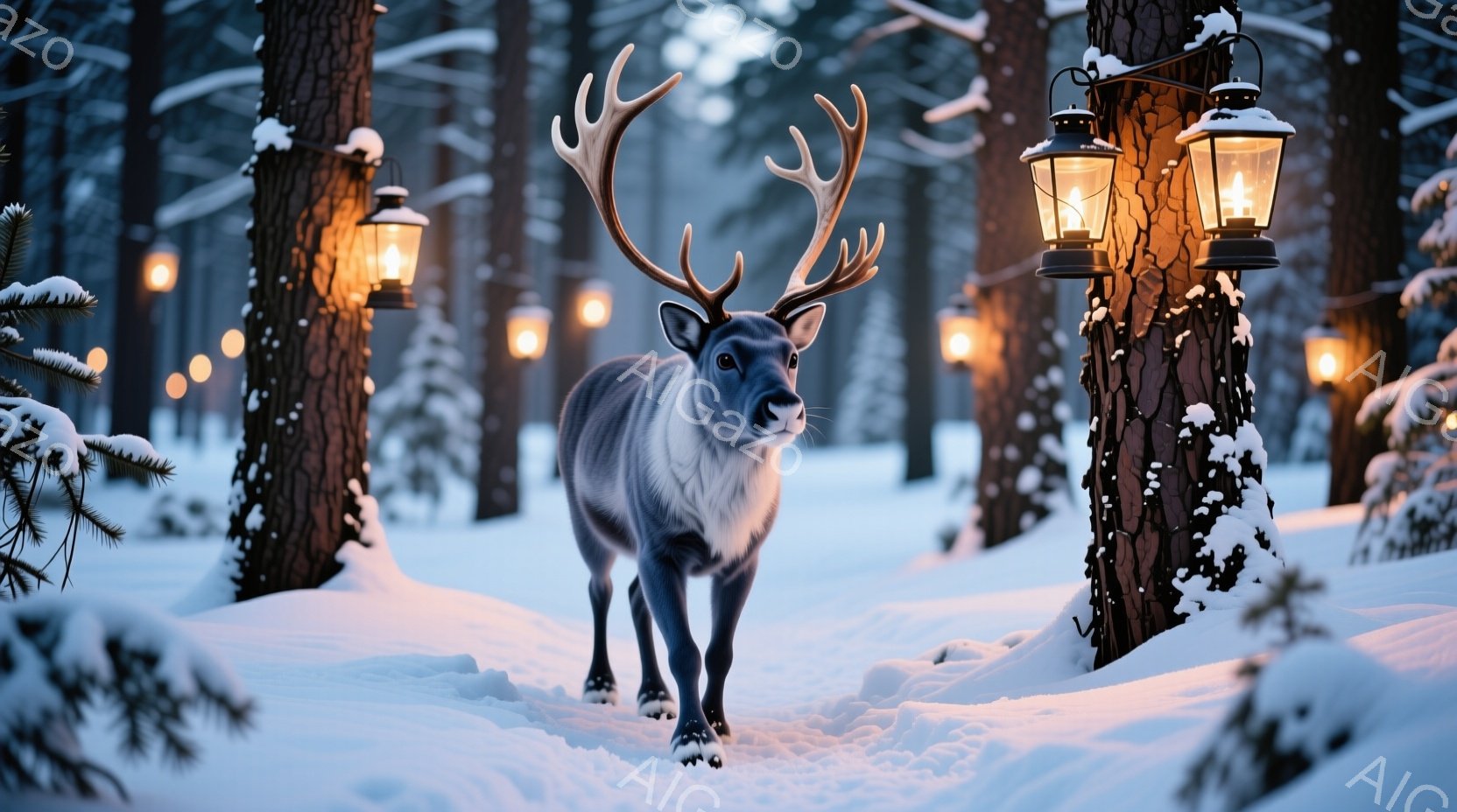 雪深い森の中を、雄大な角を持つトナカイが正面を向いて歩いている。周りの木々は雪に覆われ、足元には雪の足跡が残っている。木々には暖かく輝くランタンが灯されており、幻想的で冬の静寂を感じさせる雰囲気である - AI生成フリー素材