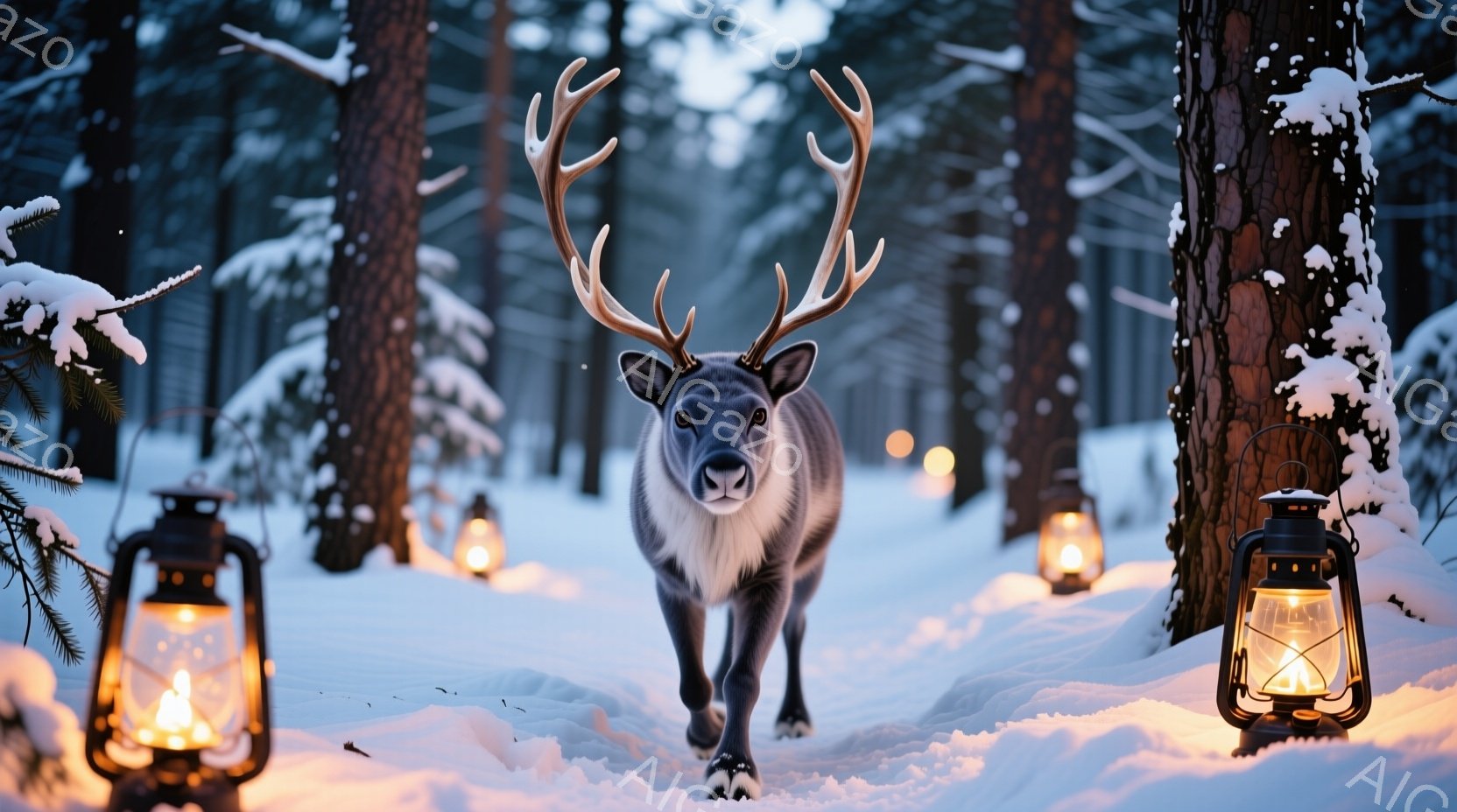 吹き雪の中、トナカイがこちらに向かって歩いてくる様子が捉えられています。周囲には雪に覆われた木々が生い茂り、暖かな光を放つランタンが足元を照らしています。全体的に幻想的で静謐な雰囲気が漂い、冬の森の神 - AI生成フリー素材