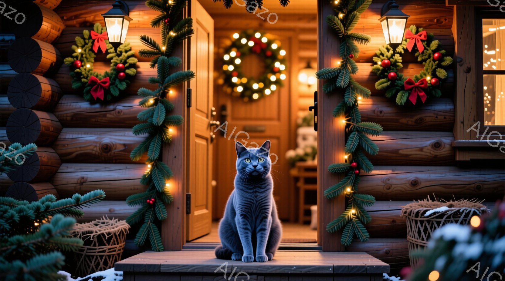 ログハウスの玄関前に、灰色の猫が正面を向いて座っている。家の周りはクリスマスデコレーションで飾られ、つる草や赤い実、光る電飾が暖かく輝いている。室内からは柔らかな光が漏れ、全体的に温かく、お祝いの雰囲気が漂っている。