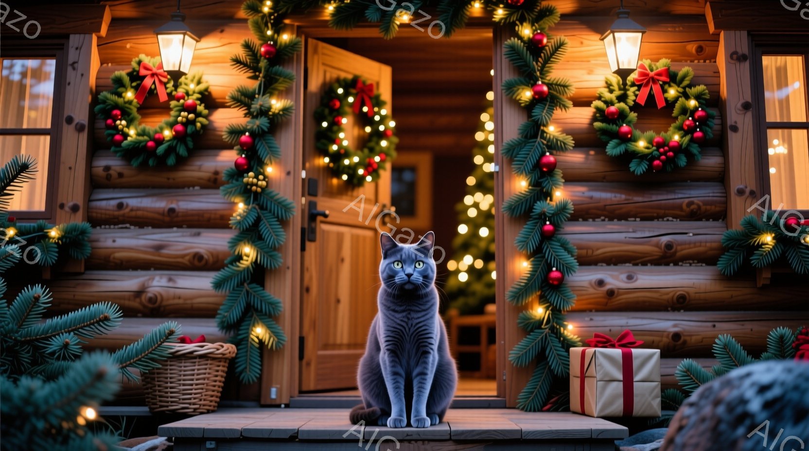 灰色の猫が、クリスマス装飾が施された木造コテージの玄関前に座っています。コテージのドアの両側には、赤い実と松ぼっくりで飾られたクリスマスリースが飾られ、ドアの周りは輝くイルミネーションで彩られています。玄関先にはプレゼントの箱と籐のバスケットがあり、全体的に温かく、お祝いの雰囲気です。