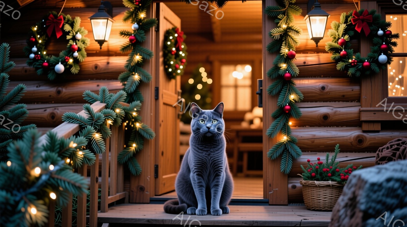 灰色の猫が、クリスマスの飾り付けがされた丸太小屋の玄関ポーチに座っています。暖かく柔らかな光が内部から漏れ出し、クリスマスリースと点滅する電球が冬の雰囲気を高めています。背景には、雪の気配を感じさせる - AI生成フリー素材