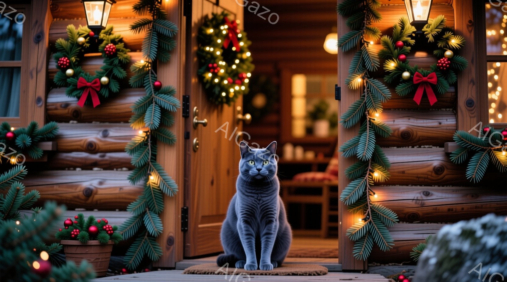灰色の猫が、クリスマス装飾された木の家の正面玄関で、正面を向いて座っています。背景には、クリスマスリースや輝く電飾が飾られ、温かく、お祝いの雰囲気を醸し出しています。猫は落ち着いており、まるで家の番を - AI生成フリー素材