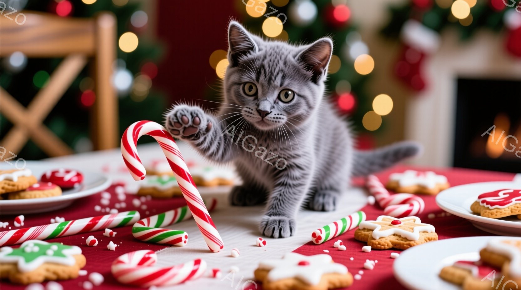 赤いテーブルクロスの上にいる灰色の毛並みの小さな子猫を捉えています。子猫は前足でキャンディケーンを叩いて遊び、大きな緑色の瞳でカメラを見ています。背景にはぼやけたクリスマスツリーとクッキーやキャンディが散りばめられており、暖かくお祝いムードが漂っています。