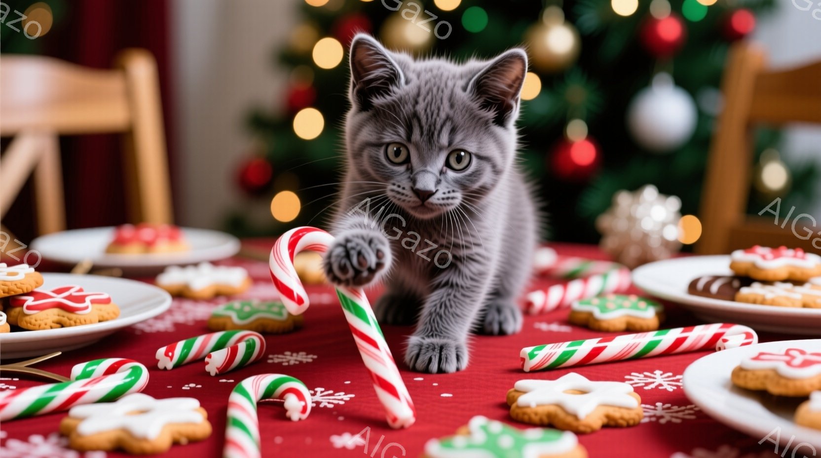 赤いテーブルクロスの上に、クリスマスのクッキーやキャンディケーンが散らばっています。灰色の小さな子猫が前足でキャンディケーンを叩いて遊んでおり、好奇心旺盛な表情をしています。背景にはクリスマスツリーが - AI生成フリー素材