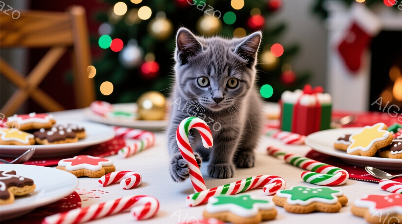 テーブルの上には、クリスマスのクッキーやキャンディケーンが散りばめられており、その中央を子猫が歩いている様子が写されている。子猫は縞模様で、好奇心旺盛な表情でカメラの方を見ている。背景にはクリスマスツ - AI生成フリー素材