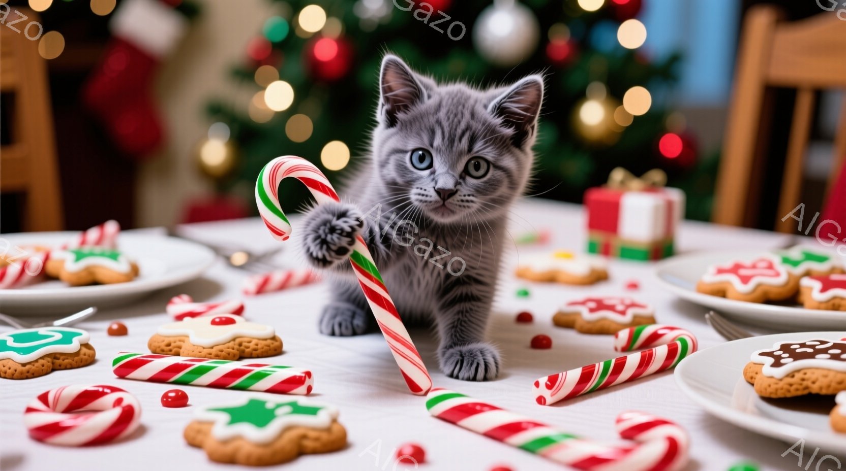 白いテーブルの上に、クリスマスのお菓子やキャンディケーンが散らばっており、その中に灰色の縞模様の小さな子猫がいます。子猫は前足でキャンディケーンを持ち、好奇心旺盛な表情でこちらを見ています。背景には、 - AI生成フリー素材