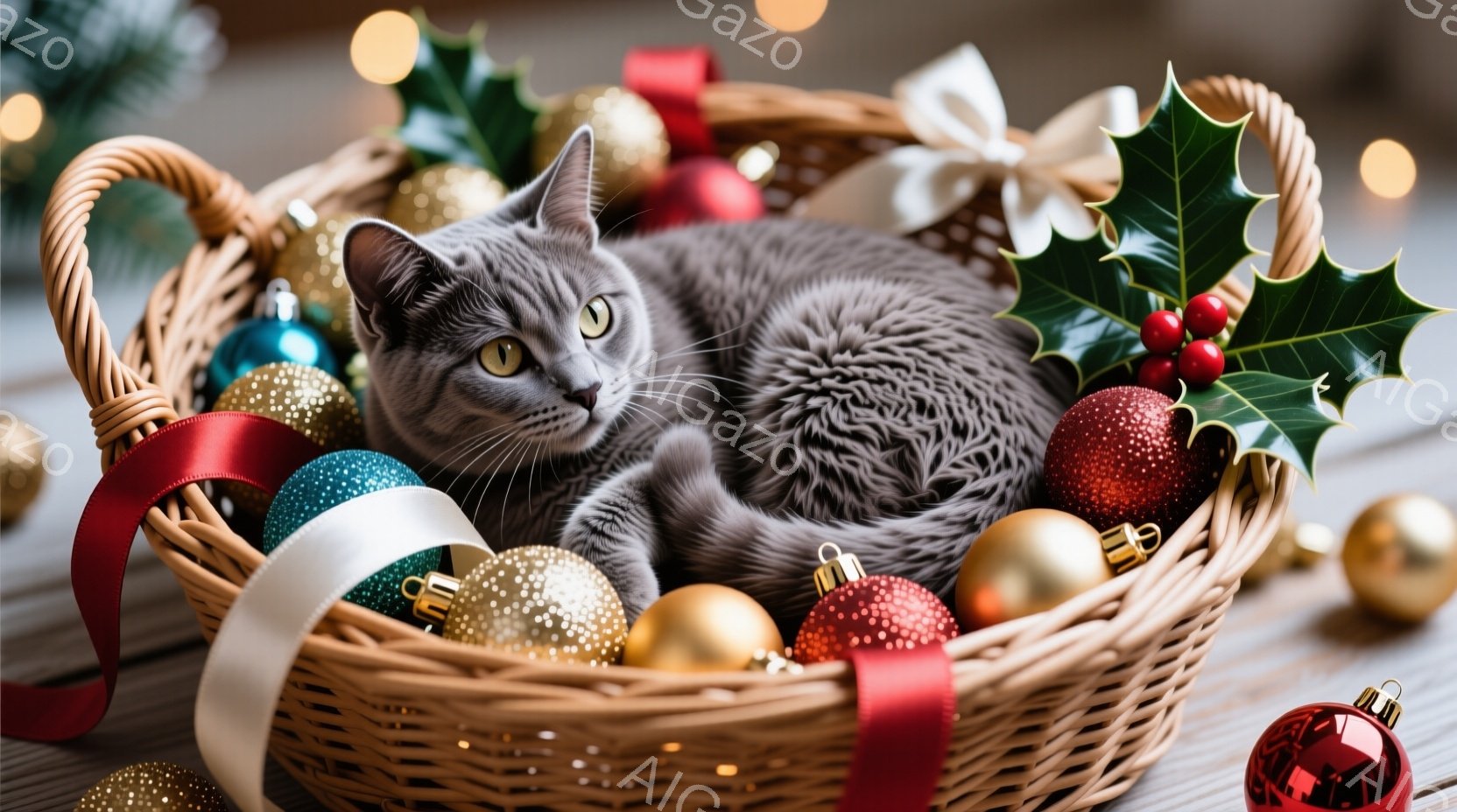 灰色の猫が装飾されたバスケットの中に横たわっています。鮮やかな赤、金、青のクリスマスオーナメントと赤いリボン、そして葉っぱと赤い実の飾りでバスケットが彩られています。背景はぼかされており、温かみのある - AI生成フリー素材