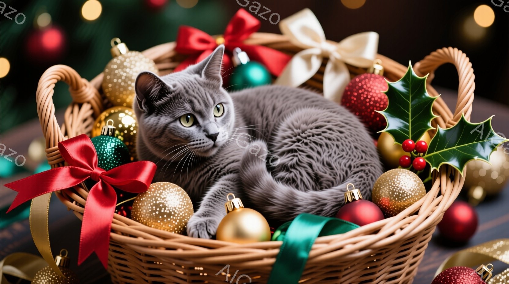 籠の中に灰色の猫が丸まって眠っている様子が描かれている。籠の周りには、赤、緑、金色のクリスマスオーナメントやリボンが散りばめられており、背景にはぼやけたクリスマスツリーの光が灯っている。全体的に温かく、穏やかな祝祭の雰囲気が漂っている。