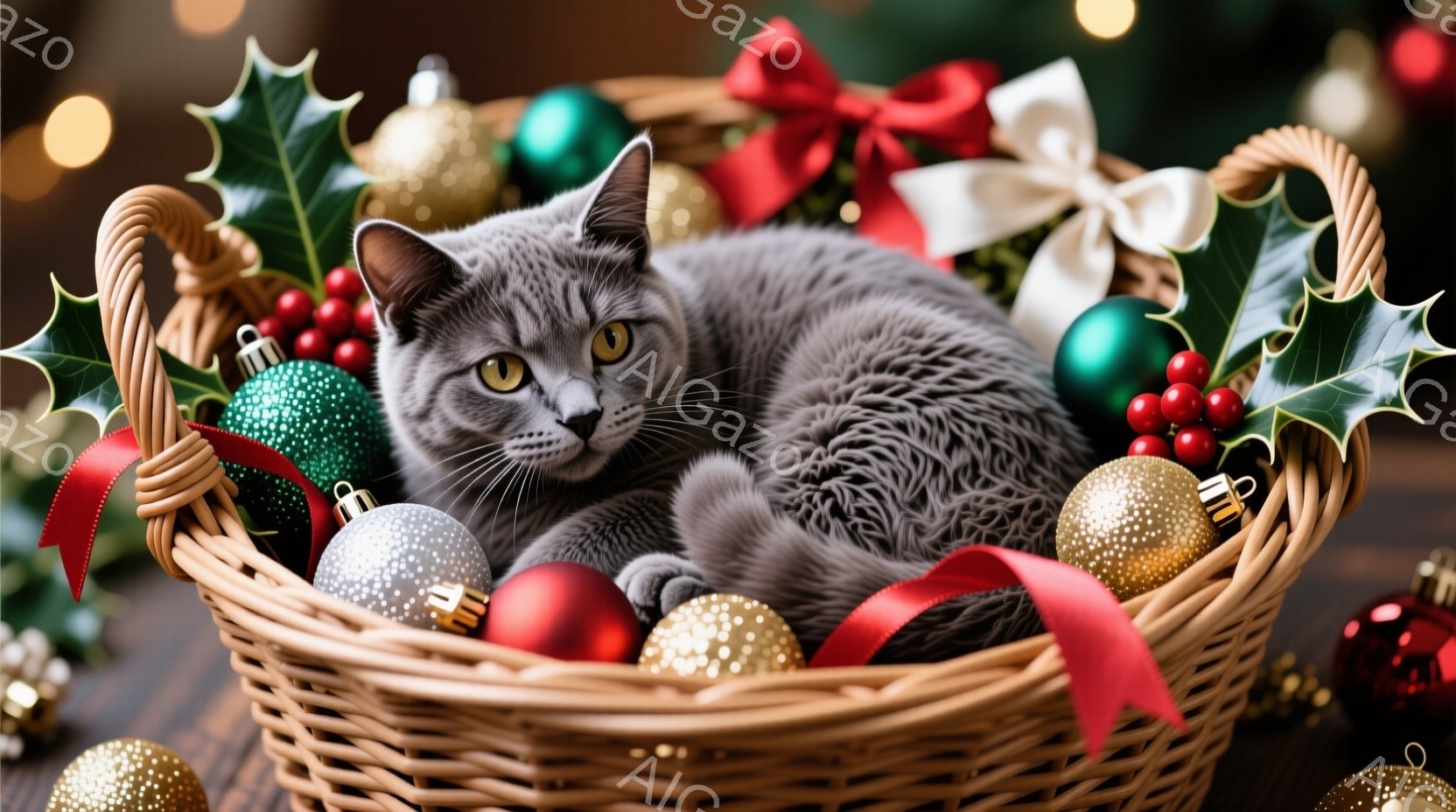灰色の猫が、クリスマスオーナメントで飾られた籐の籠の中に横たわっています。猫は少し眠たげな表情で、カメラの方を穏やかに見つめており、リラックスした様子が伺えます。背景にはぼやけたクリスマスツリーの光が - AI生成フリー素材