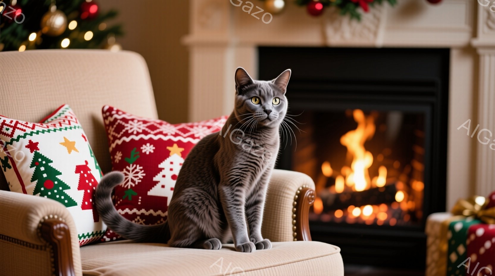 灰色の毛並みの猫が、クリスマスの柄のクッションが置かれたクリーム色の肘掛け椅子に座っています。猫はまっすぐ前を見ており、リラックスした様子で尾を丸めています。背景には暖炉があり、燃え盛る炎とクリスマス - AI生成フリー素材