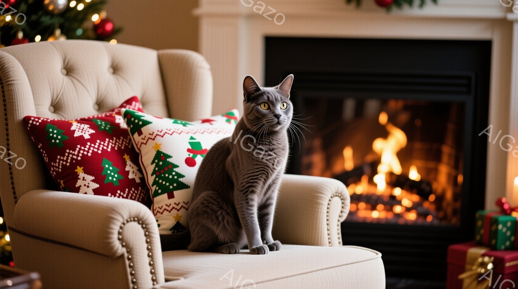 灰色の猫が、クリスマス柄のクッションが置かれたクリーム色の肘掛け椅子に座っています。暖炉が燃え盛っており、その周りにはプレゼントがいくつか置かれており、温かく、お祝いの雰囲気です。猫は正面を見ており、 - AI生成フリー素材