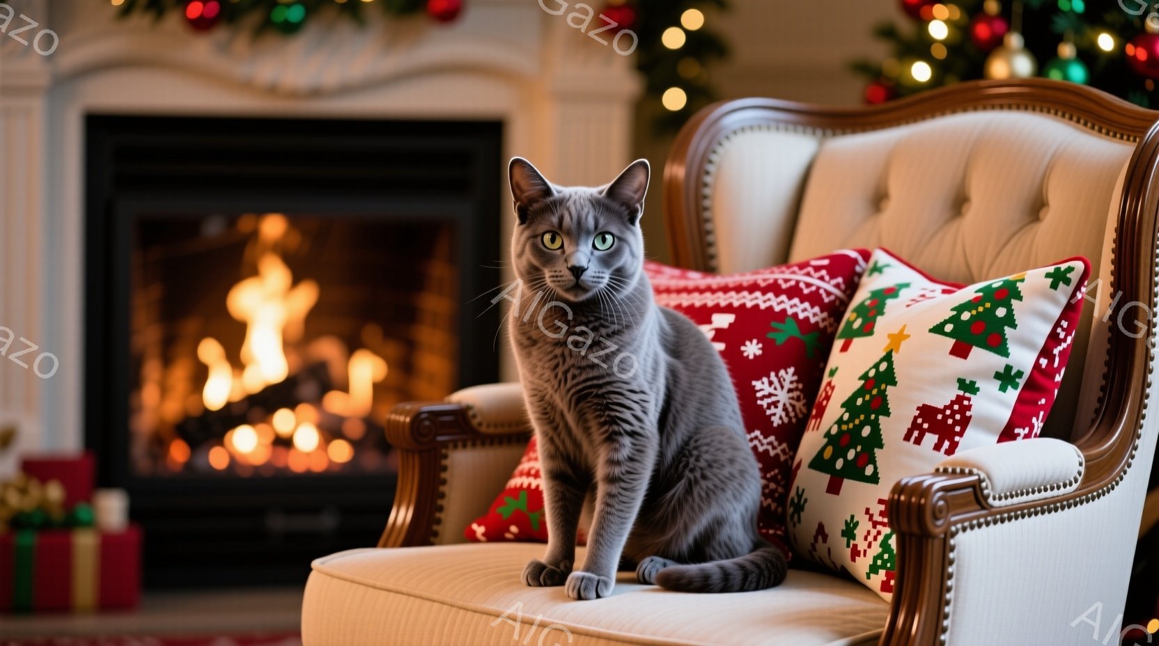 灰色の毛並みの猫が、クリーム色の肘掛け椅子に座ってこちらを見ている。背景には、クリスマスツリーや暖炉があり、プレゼントの箱が置かれている、温かく、お祝いムードに満ちた室内である。猫は落ち着いており、リラックスした様子で、冬のホリデーシーズンを象徴する魅力的な光景だ。