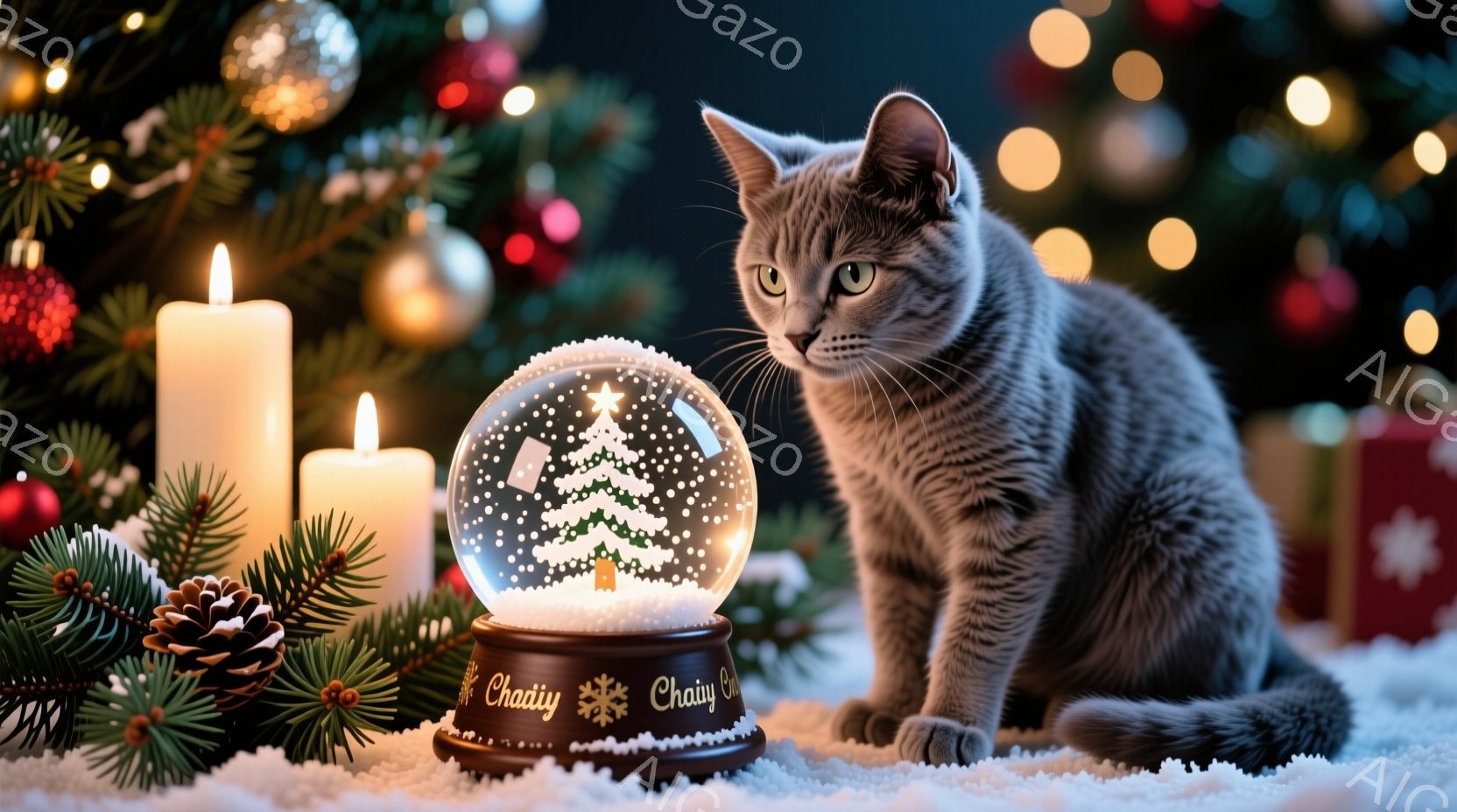 灰色の猫が、雪の降るクリスマスの背景の中で、キラキラと輝くスノーグローブを見つめています。背景にはクリスマスツリーやキャンドルが配置され、雪の敷かれた地面が冬の雰囲気を高めています。猫は少し緊張した表 - AI生成フリー素材