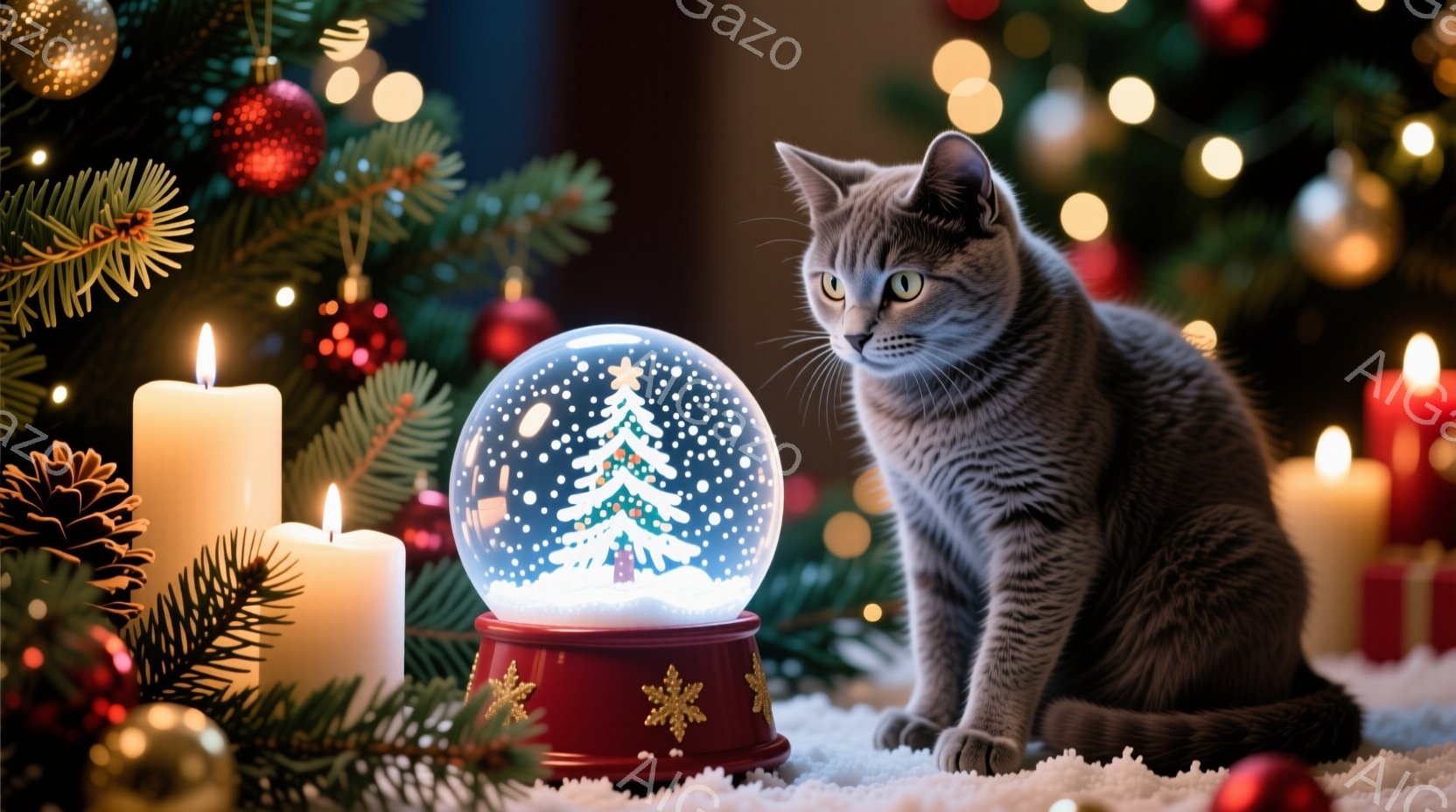 灰色の縞模様の猫が雪の結晶が舞うクリスマスのオーナメントの横に座り、好奇心と少しの警戒心を持って何かを見つめています。背景には、赤い装飾と点灯したキャンドル、そしてクリスマスツリーの緑が広がり、暖かく - AI生成フリー素材