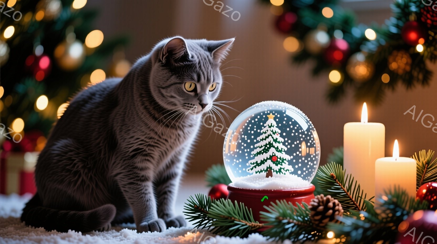 灰色の毛並みの猫が白い毛布の上に座り、クリスマスのスノーグローブをじっと見つめています。背景には、ぼやけたクリスマスツリーの光と、点灯したキャンドル、そして松ぼっくりや緑の葉っぱの装飾が散りばめられて - AI生成フリー素材