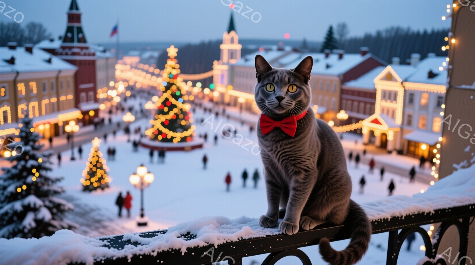 灰色の猫が雪で覆われた柵の上に座っており、赤い蝶ネクタイをつけている。背景には、クリスマスツリーや装飾が施された建物が並ぶ雪景色が広がり、多くの人々が歩いている。全体的に、冬の暖かく、お祝いの雰囲気が - AI生成フリー素材
