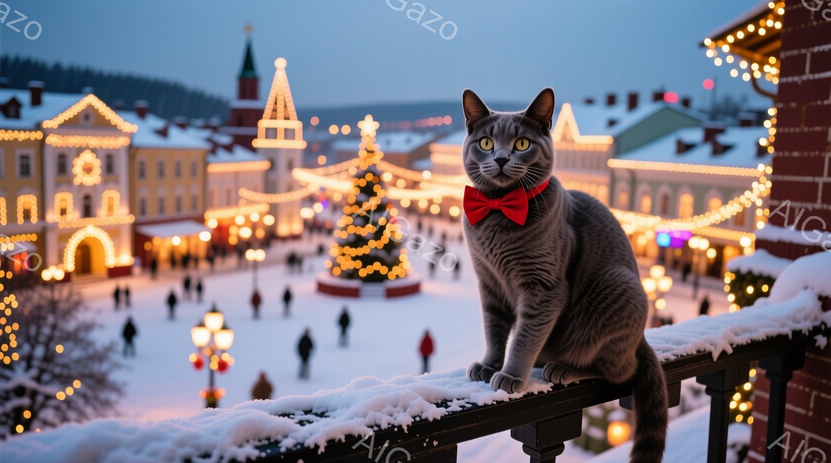 雪で覆われた手すりに座る灰色の猫が描かれています。猫は赤い蝶ネクタイをつけ、正面を見て穏やかな表情をしています。背景には、ライトアップされた建物やクリスマスツリーが並び、雪が舞う冬の夜の賑やかな雰囲気 - AI生成フリー素材