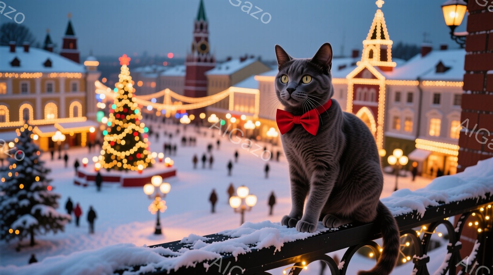 灰色の猫が、クリスマスの飾り付けがされた柵の上に座っており、赤い蝶ネクタイを締めています。背景には雪景色の中に、ライトアップされたカラフルな建物やクリスマスツリーが広がり、多くの人々が歩いています。全 - AI生成フリー素材