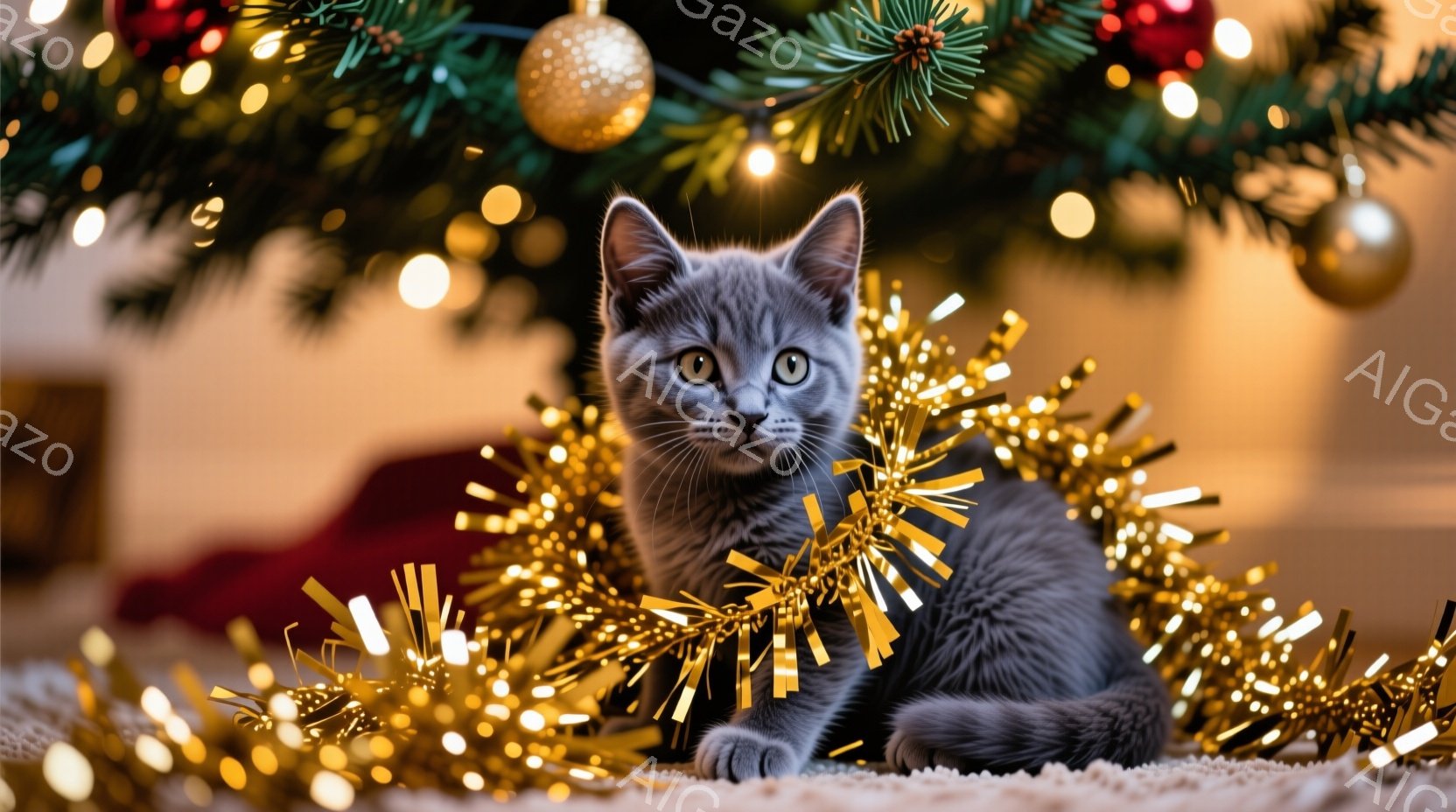 灰色の小さな子猫が、金色のモールに囲まれて座っています。子猫は丸い目をしてカメラを見つめ、少しいたずらっぽい表情を浮かべています。背景にはクリスマスツリーがぼんやりと見え、暖かくお祝いムードに包まれて - AI生成フリー素材