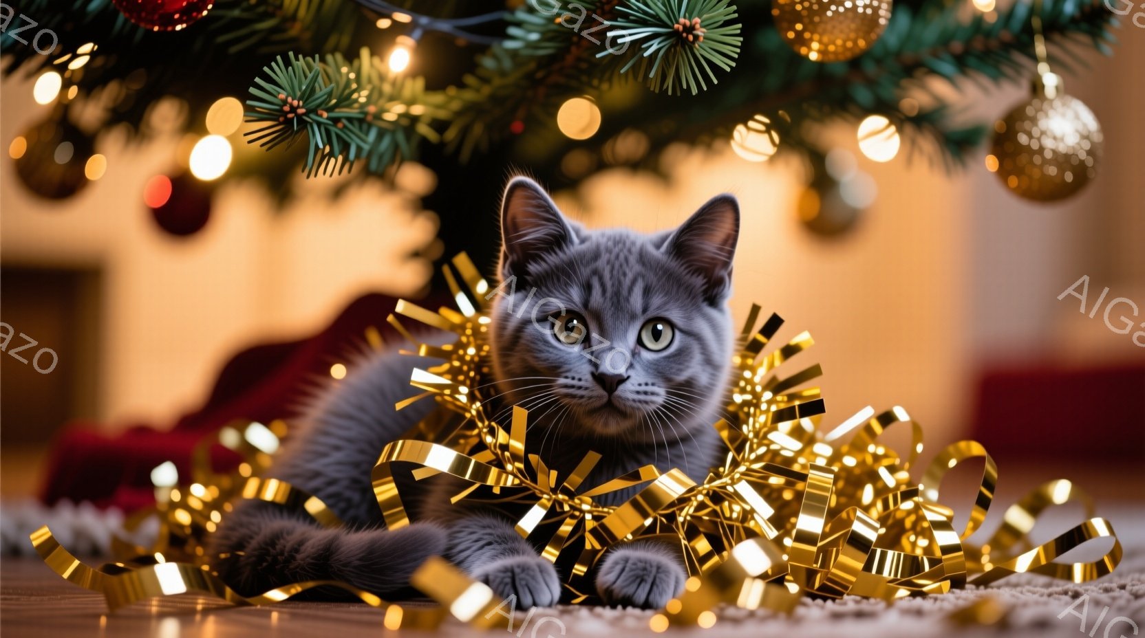 灰色の猫が、クリスマスツリーの足元に広がる金色のリボンに囲まれて横たわっています。猫は前足を重ね、まっすぐカメラを見つめており、その表情はリラックスしていて少しいたずらっぽいです。背景にはぼんやりとク - AI生成フリー素材