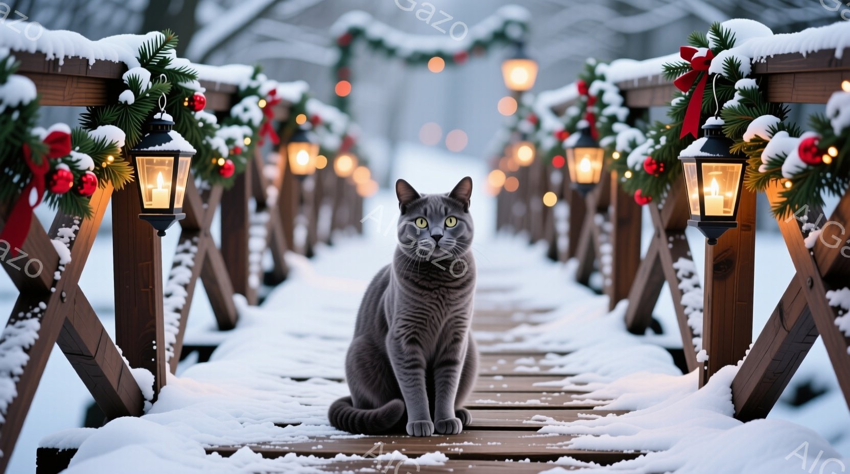 雪に覆われた木の板張りの道に座っている灰色の猫が写っています。猫はまっすぐ前を見つめており、落ち着いた表情をしています。道の両側には、クリスマスデコレーションが施された提灯が並び、雪が降り積もる冬の風 - AI生成フリー素材