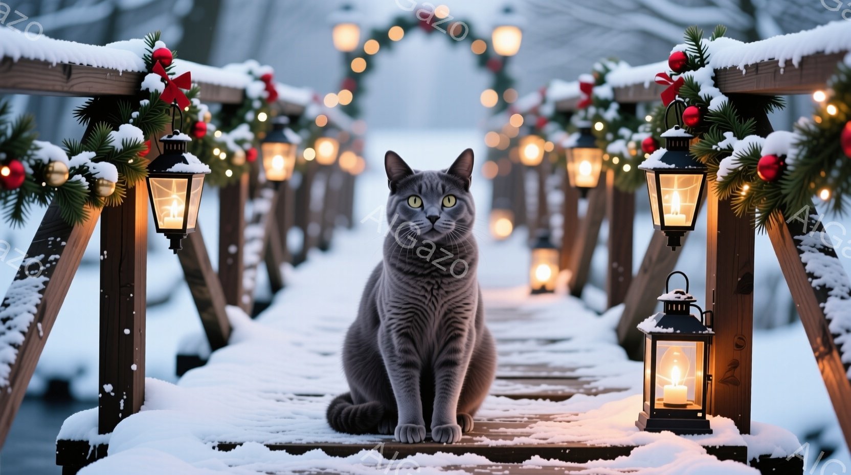灰色の猫が雪に覆われた木製の階段に座り、正面を見つめている。背景には、キャンドルが灯されたランタンが並び、雪で覆われた木々や、クリスマス装飾のアーチがぼんやりと見える。穏やかで幻想的な冬の雰囲気であり、暖かくロマンチックな印象を与える。
