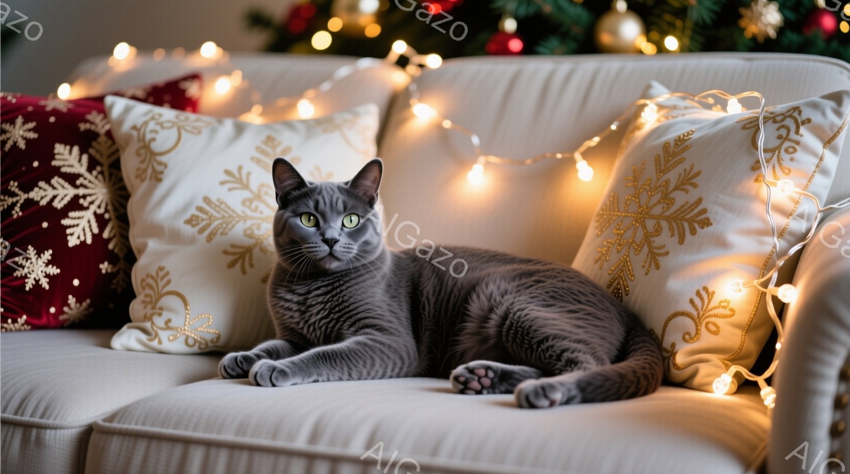 灰色の猫が白いソファに横たわっており、リラックスした様子で前足を伸ばしています。背景には、ゴールドの模様が入った枕や、暖色系の光が点在するクリスマスツリーが見え、冬の暖かい雰囲気を醸し出しています。猫の緑色の瞳はカメラを見つめ、穏やかな表情を浮かべています。