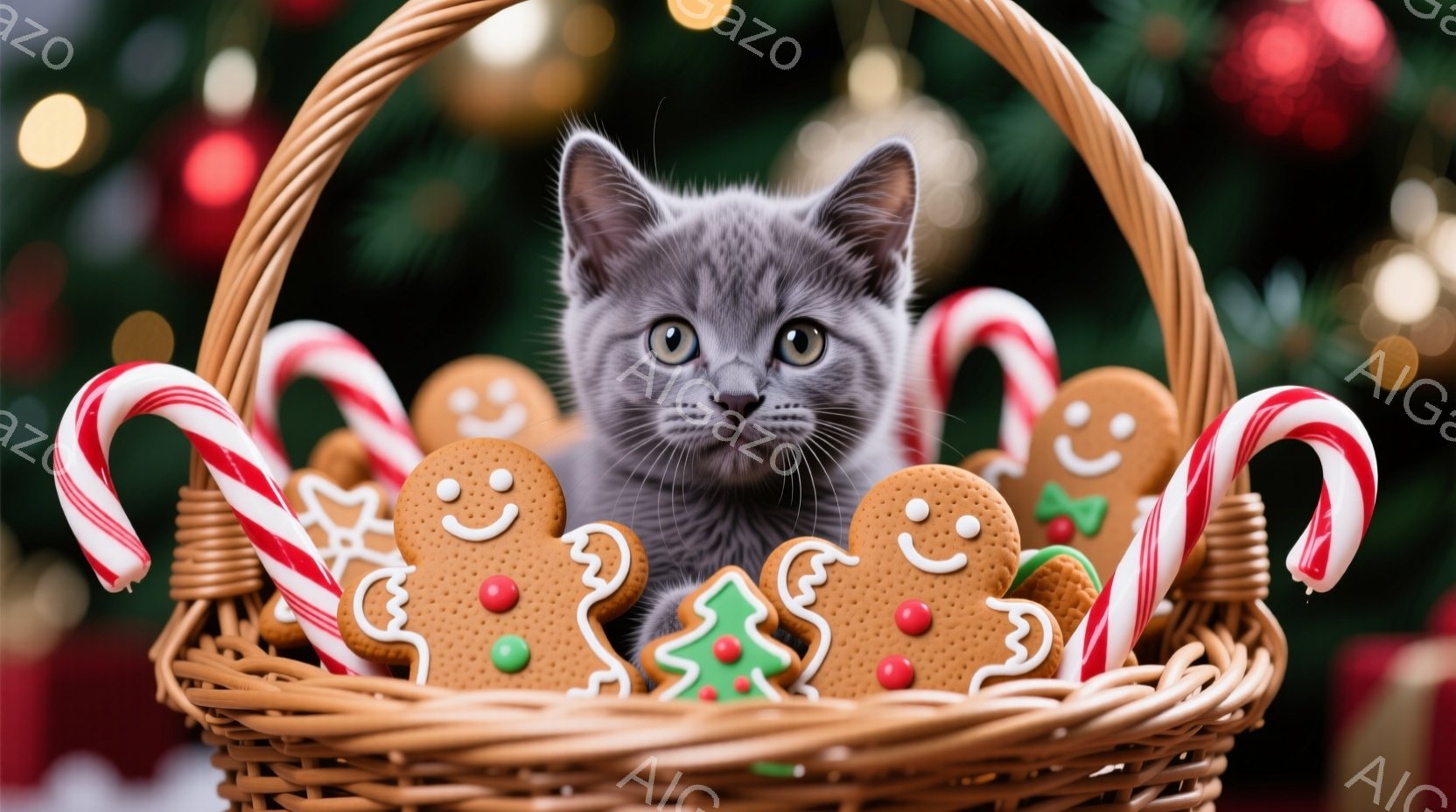 小さな灰色の猫が、ジンジャーブレッドマンのクッキーと赤と白のキャンディケインで満たされた籐の籠の中に座っています。猫は正面を見つめており、好奇心と遊び心のある表情をしています。背景には、ぼやけたクリスマスツリーの光と装飾が見え、温かくお祝いの雰囲気を醸し出しています。