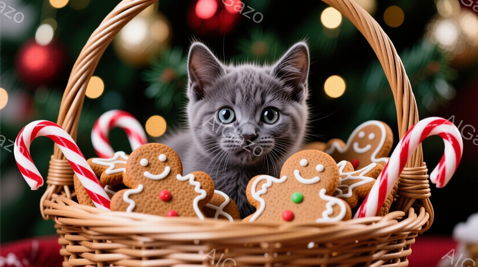 籐編みのバスケットの中に、灰色の毛並みの小さな子猫が丸まって座っています。バスケットには、ジンジャーブレッドクッキーと赤と白のキャンディケーンが飾られており、背景にはぼやけたクリスマスツリーの光が輝いています。全体的に、暖かく、お祝いムードにあふれた可愛らしい光景です。