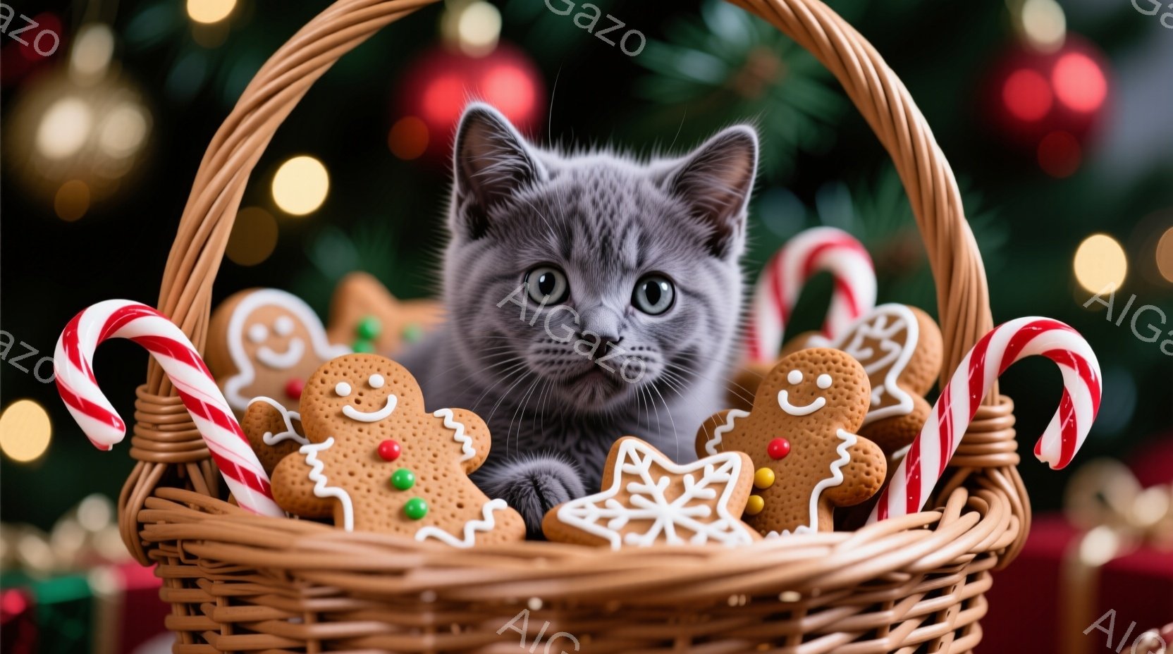 籐編みのバスケットの中に、灰色の毛並みの小さな子猫が座っています。周りには、ジンジャーブレッドマンや雪の結晶のクッキー、赤と白のキャンディケインが飾られています。背景にはぼやけたクリスマスツリーの飾り - AI生成フリー素材