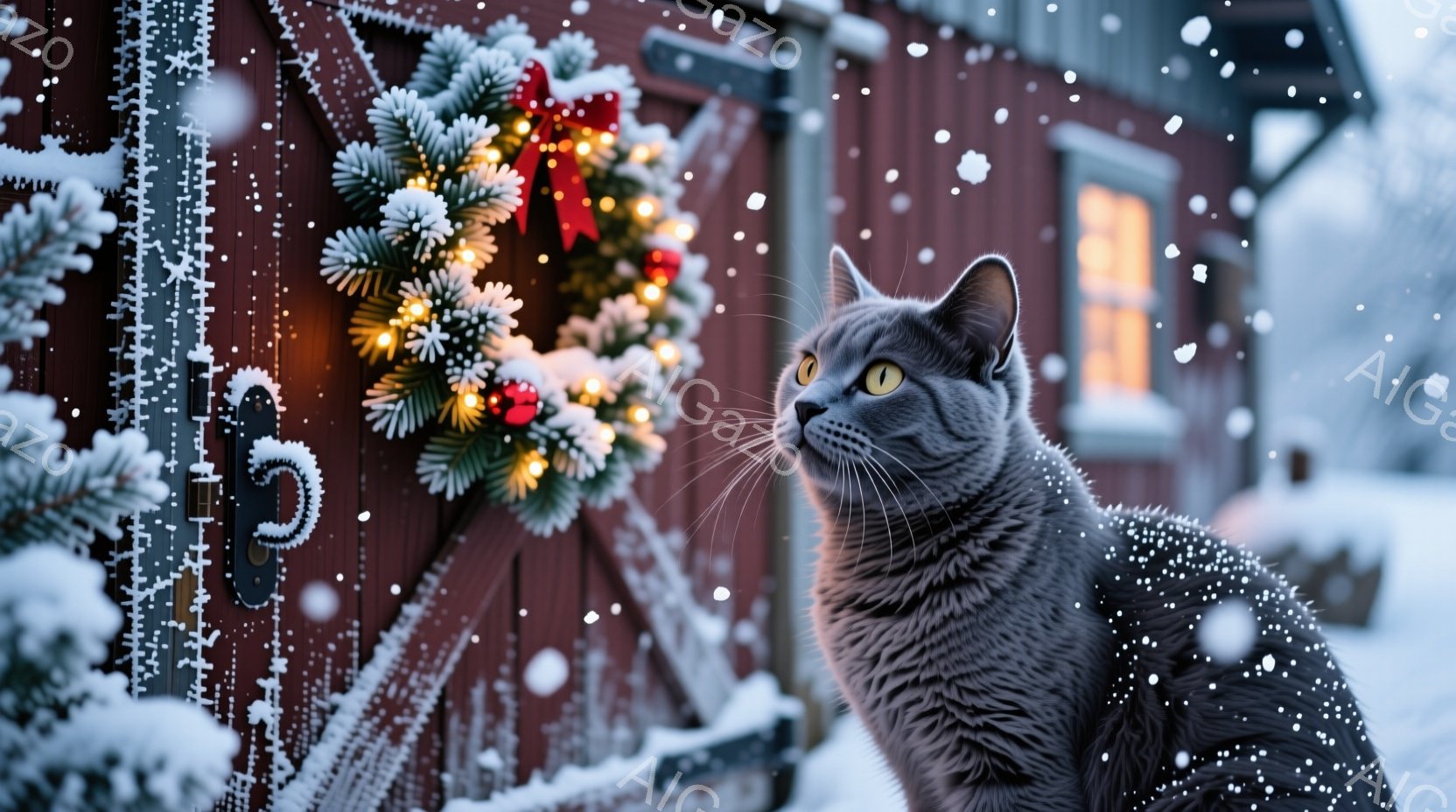 灰色の毛並みの猫が、雪が降る外で何かを見上げています。背景には赤い木製の壁があり、クリスマスリースが飾られています。雪が舞い、冬の暖かく穏やかな雰囲気が漂っています。 - AI生成フリー素材