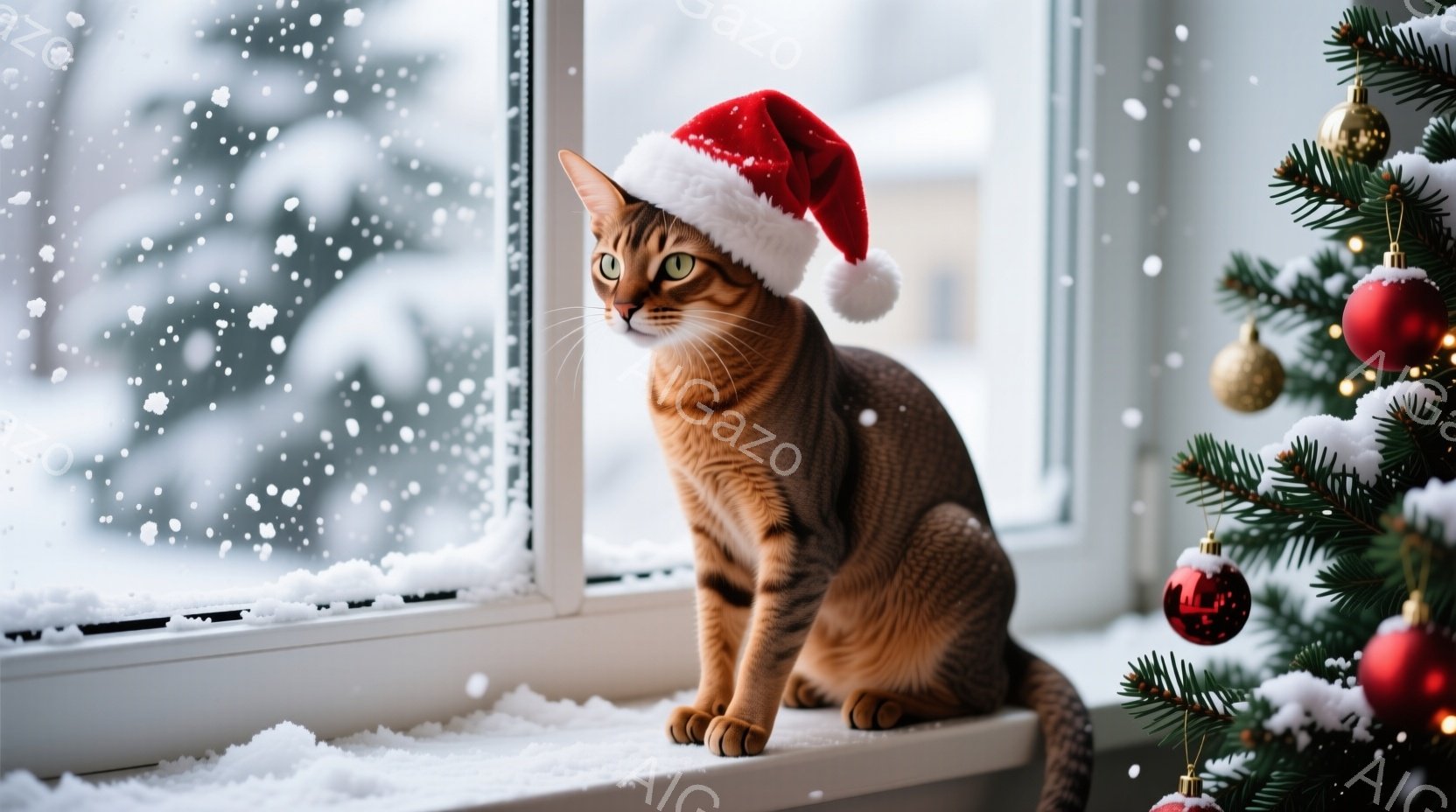 窓辺に座ったオレンジ色のトラ柄の猫が、赤いサンタ帽を被ってこちらを見ている。雪が降る外の景色が見え、室内にはクリスマスツリーが飾られ、暖かく穏やかな雰囲気が漂っている。猫の表情は少し警戒しているように - AI生成フリー素材